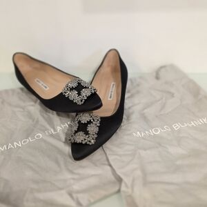 Manolo Blahnik Black Flats with Crystal Buckle
